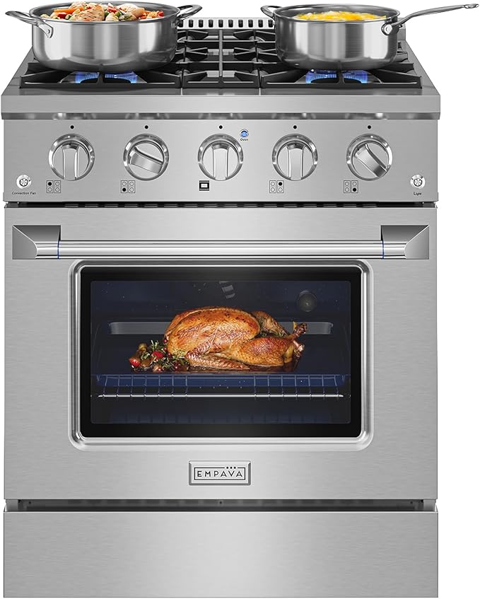 Empava Gas Range,Convection Oven 4.2 Cu. Ft with 4 Deep Recessed Burners Cooktop, Heavy Duty Continuous Grates in Stainless Steel for Kitchen, Restaurant.Freestanding & Slide-In,30 Inch