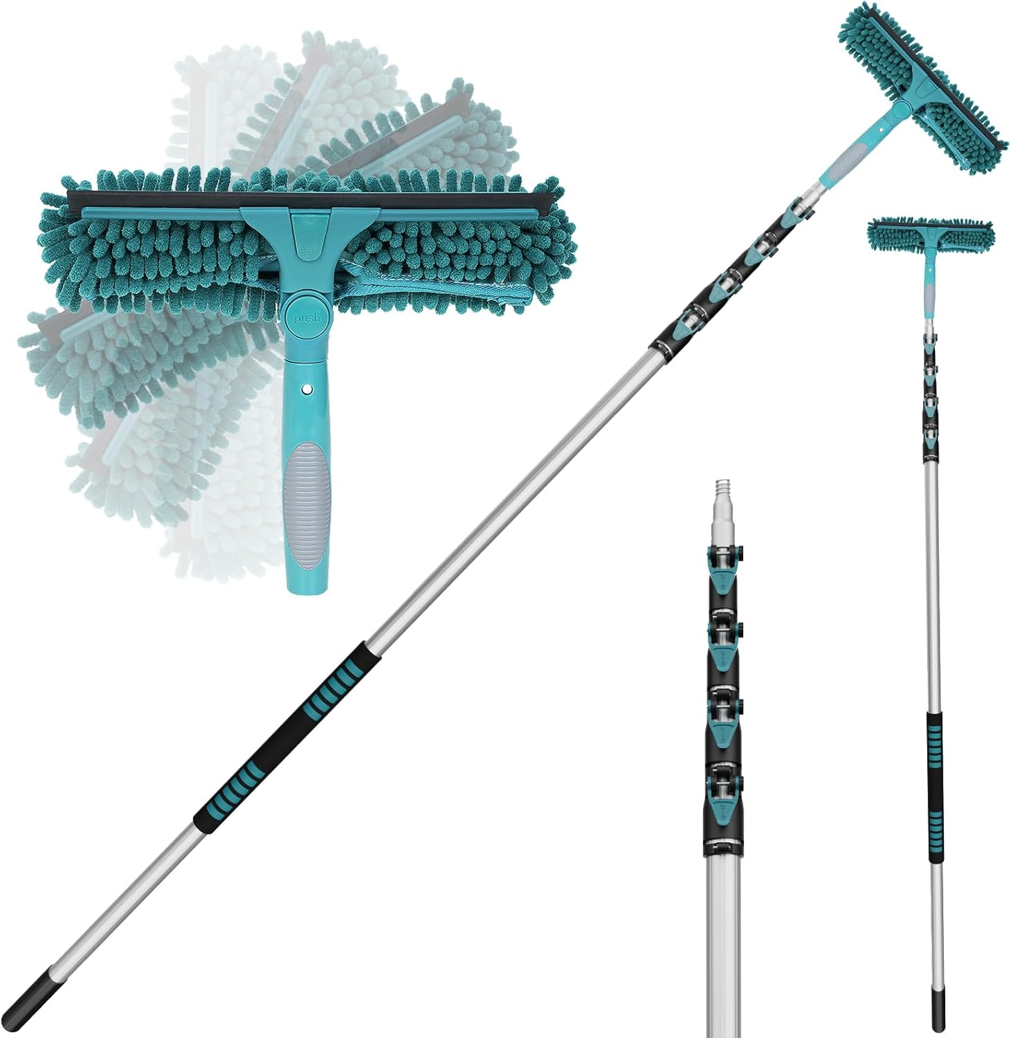 36 Feet High Reach Window Squeegee with 7-30 Ft Extension Pole, Window Cleaner Tool with 5-Stage Telescoping Pole, Window Cleaning Kit with Rotatable Head (2 Squeegee & 2 Microfibre Cloths)