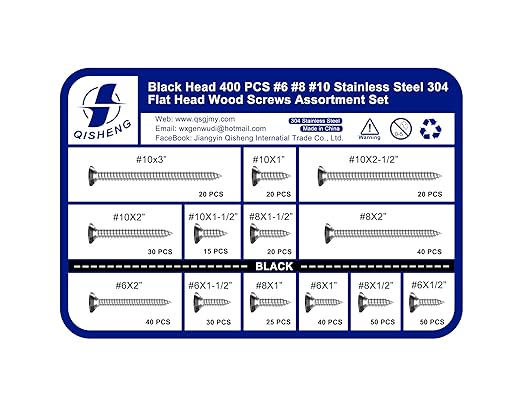 QISHENG 400 PCS Black Head #6#8#10 Stainless Steel Phillips Flat Head Wood Screws Assortment Set,Stainless Steel 18-8 A2(304) Screw,Home Screw Kit