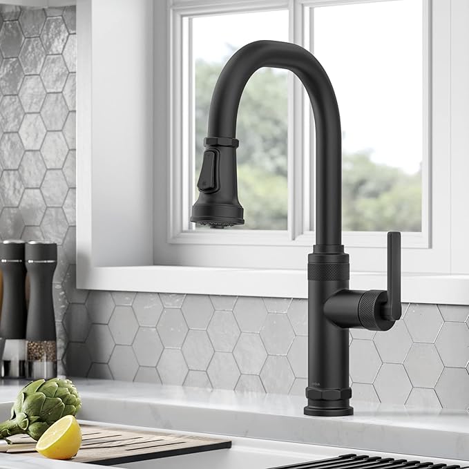 KRAUS Allyn Industrial Pull-Down Single Handle Kitchen Faucet in Matte Black, KPF-4102MB