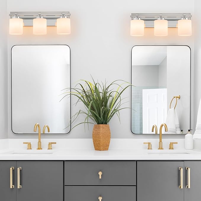 3 Light Modern Bathroom Light Fixtures Over Mirror, Chrome Vanity Lights for Bathroom Wall Sconces with Milky White Glass Shades, E26 Socket (Bulbs Not Included)