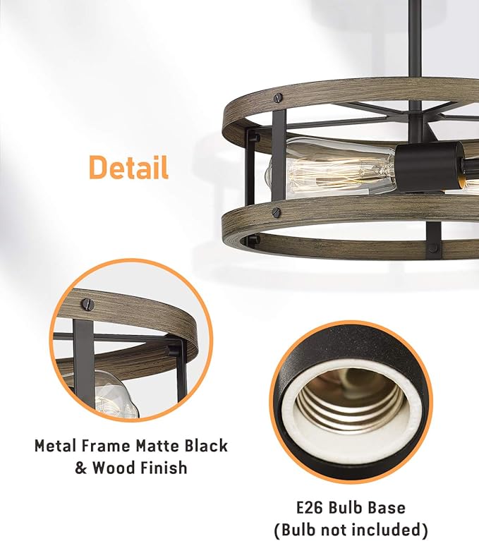 EAPUDUN Farmhouse Ceiling Light, 13'' Imitation Wooden Semi Flush Mount Light Fixture, Retro 2-Light Lamp for Hallway Entryway Bedroom Kitchen Dining Room SMA1139-FBDT