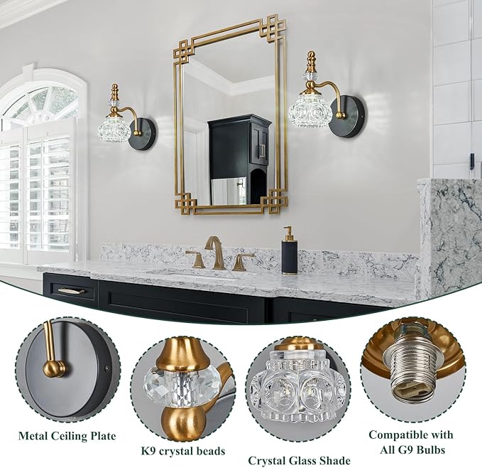 Modern Wall Sconces Set of Two Black Gold Vintage Indoor Glass Wall Lamp Bathroom Vanity Light Fixture Wall Mounted Room Sconce Wall Lighting