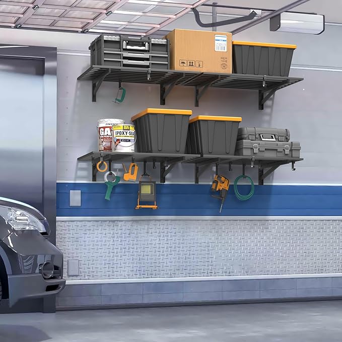 4-Pack 2x3ft Garage Shelving Wall Mounted, 2' x 3' Heavy Duty Garage Storage Shelves with Hooks, 800LB Capacity