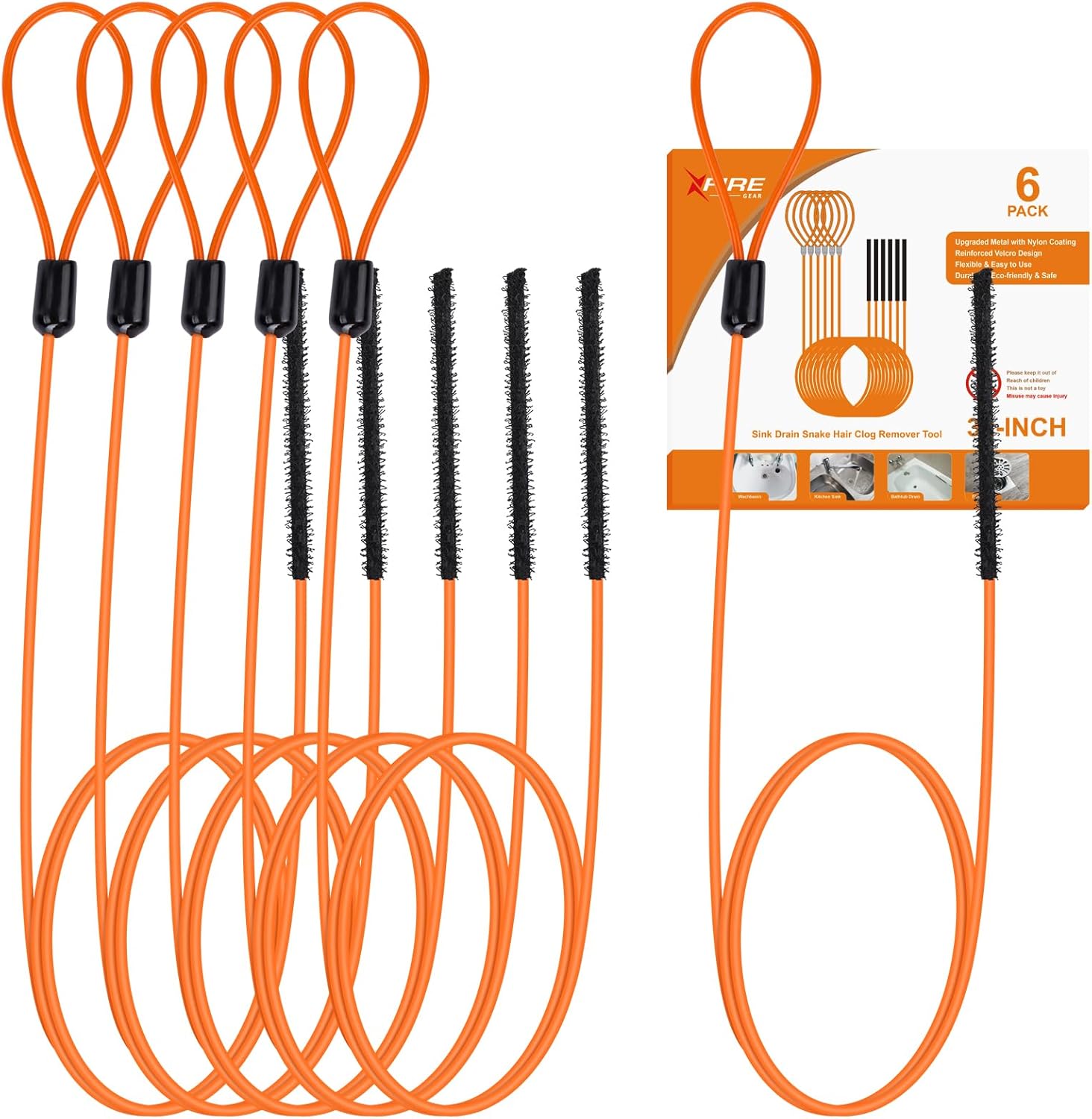 32 Inch Drain Snake, Anti-Break Metal Hair Removal Tool with Nylon Coating Sink Snake, Drain Cleaner Hair Catcher Remover for Shower, Bathroom Sink Tub(6 Pack)