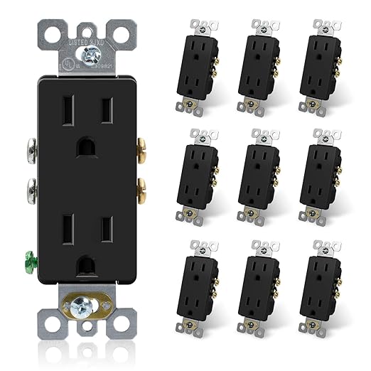 ELEGRP Decorator Receptacle, 15A 125V Standard Electrical Wall Outlet, 2 Pole 3 Wire, No-Tamper Resistant, NEMA 5-15R, Self-Grounding Residential Grade Outlet, UL (Glossy Black, 10 Pack)
