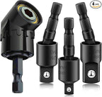 Right Angle Drill Adaptor,4-in-1 Impact Drill Bit Extension,360° Rotatable 1/4 3/8 1/2" Impact Grade Socket Adapter Set,105 Degree Angle Screwdriver Drill Bit for Household Workplace Industry