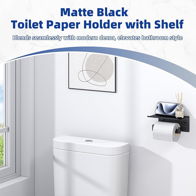 APLusee Toilet Paper Holder with Shelf Matte Black, 304 Stainless Steel Tissue Holder, Wall Mounted