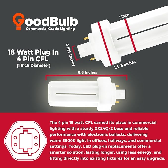 GoodBulb 18 Watt CFL Light Bulbs 4 Pin GX24Q-2 Base 3500K Neutral White 18W High Output 1200 Lumens Triple Tube Compact Fluorescent Light Bulbs Plug-in 10 Pack