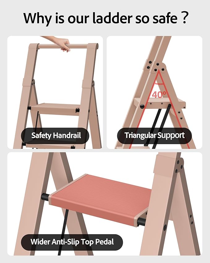Taranta 4 Step Ladder, Lightweight Aluminum Step Stool with Convenient Handgrip, Folding Ladder with Anti-Slip Pedals, 330lbs Capacity Stepladder for Home, Office, Kitchen - Peach Pink