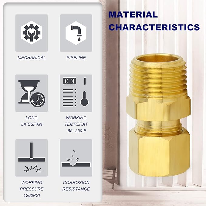 ChillWaves Brass Compression Tube Fitting, 3/16" OD x 1/4" NPT Male Compression Union Connector(10-PACK)