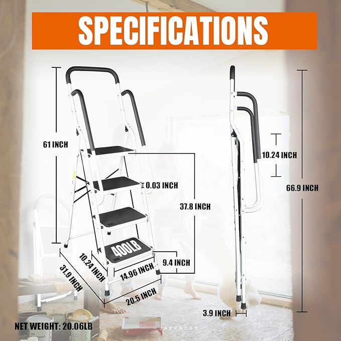 4 Step Ladder, Folding Lightweight Step Stool with Handrails and Wide Anti-Slip Pedal for Home, Office, Kitchen and Garage, Service Height 37.8 inch, 400 lbs Capacity