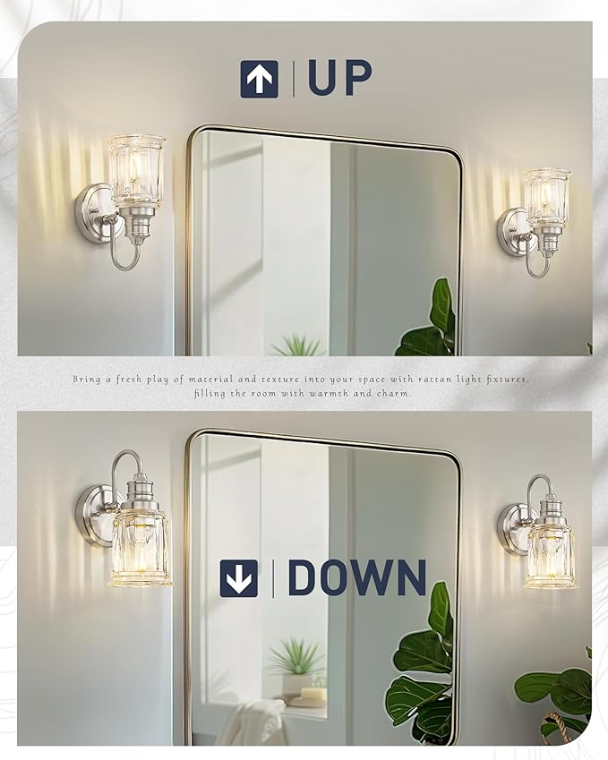 Brushed Nickel Wall Sconce, HWH Modern Sconce Wall Lighting Vanity Sconce Lights for Bathroom, 1-Light Wall Sconce with Bell-Shaped Fluted Glass, 5HZG106B BN