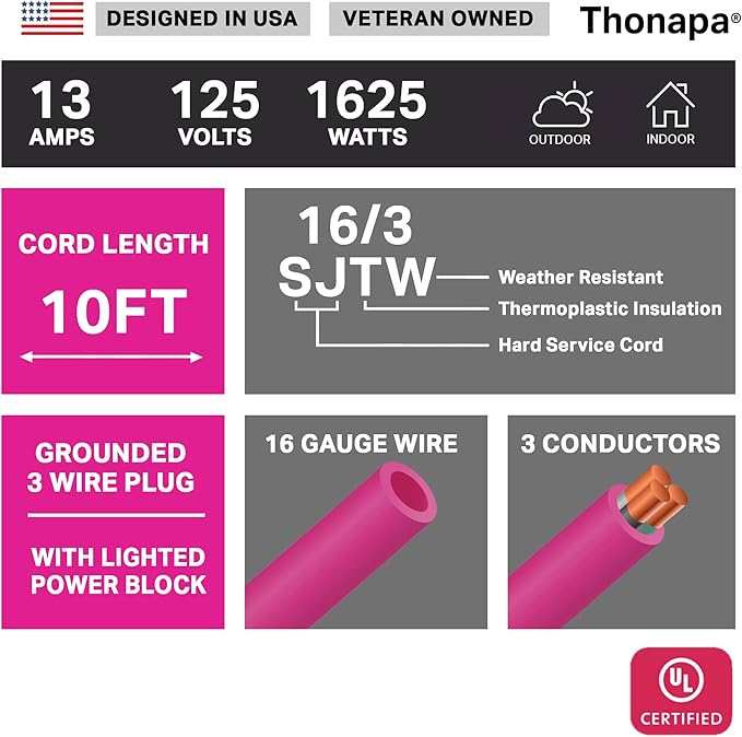 10 Ft Outdoor Extension Cord with 3 Prong, 16/3 SJTW Neon Pink Extension Cord 10ft, 13 AMP for Indoor or Outdoor Use, Small Appliances, Gardens, Lawn, Lights Decor - UL Listed