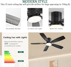 52inch Ceiling Fans with Lights, Low Profile Ceiling Fan with Light and Remote Control/APP Control, Flush Mount, Reversible DC Motor, Dimmable, Noiseless, Black Ceiling Fan for Bedroom