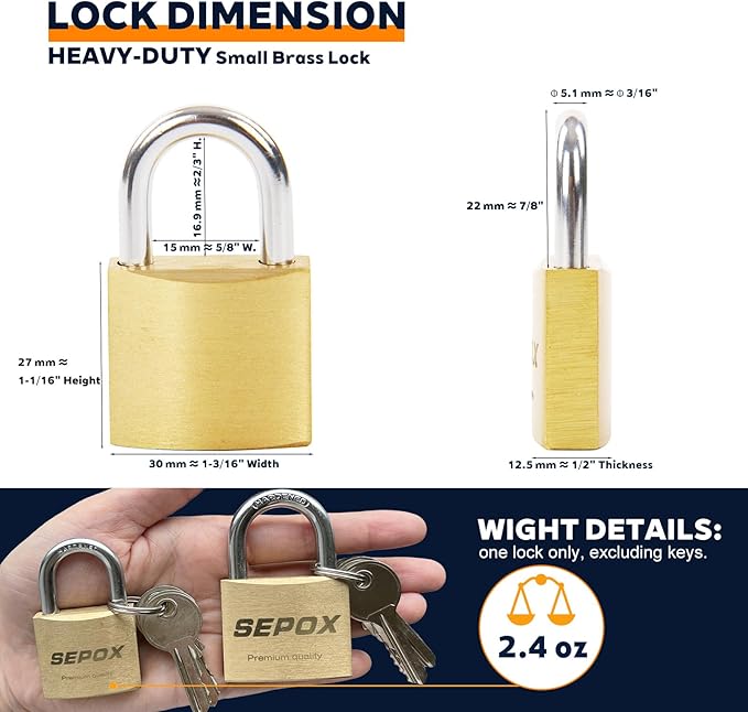 SEPOX® Twins Compact Solid Brass Padlock with Same 4 Keys, Heavy Duty Rustproof Body 30mm 1-3/16", Small Lock & Key with Big Handle, Keyed Alike for Gate, Gym Locker, Hasp, Tool Box, Luggage, Bag