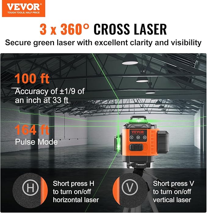 VEVOR 100ft Self Leveling Laser Level, Manual Green 3 x 360° Cross Line Laser, Manual Self-leveling Mode 12 Lines Laser, IP54 Waterproof 8h Continuous Working Time Line Laser