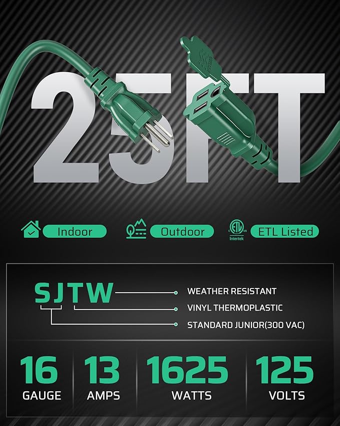 DEWENWILS 25Ft Outdoor Extension Cord, Evenly Spaced 3 Outlets Plugs with Safety Cover, 16/3 SJTW Weatherproof Wire for Outdoor Halloween Decorations, String Lights, UL Listed