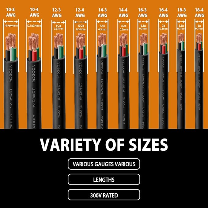 10ft 10/4 10 AWG Portable Power Cable (4 Conductor) - SJOOW 300V 10 Gauge Electric Wire for Motor Leads, Portable Lights, Battery Chargers and Machinery - 4 Conductor - 10 Feet Electrical Cord