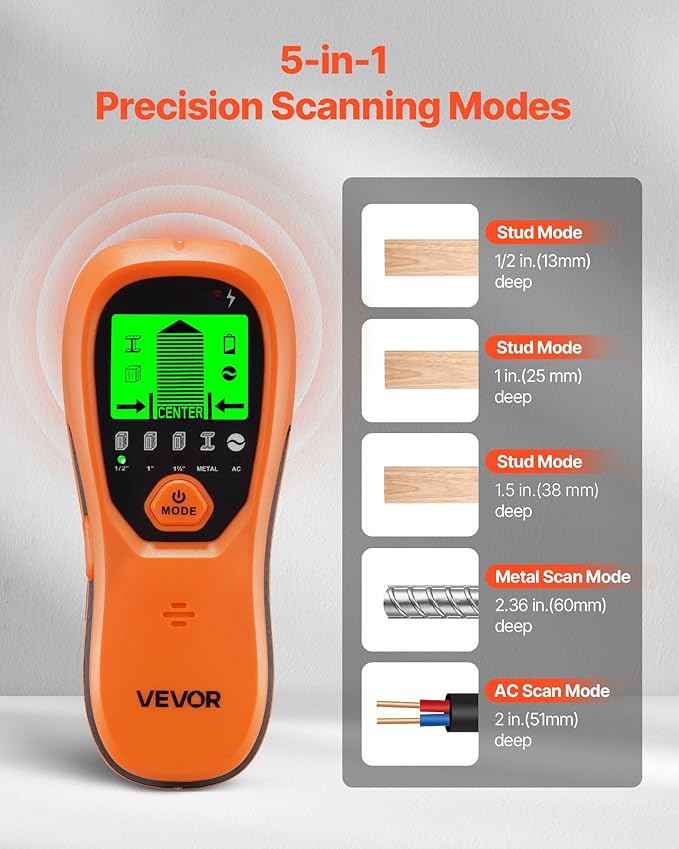 VEVOR Stud Finder Wall Scanner, 5 in 1, Electronic Wall Stud Detector with Smart Sensor, High-Definition LCD Display and Audio Alarm, for the Center and Edge of Metal, AC Wire, Joists, Pipes, Orange