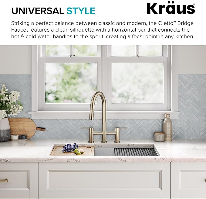 KRAUS Oletto Bridge Kitchen Faucet with Pull-Down Sprayhead in Spot-Free Antique Champagne Bronze, KPF-3122SFACB