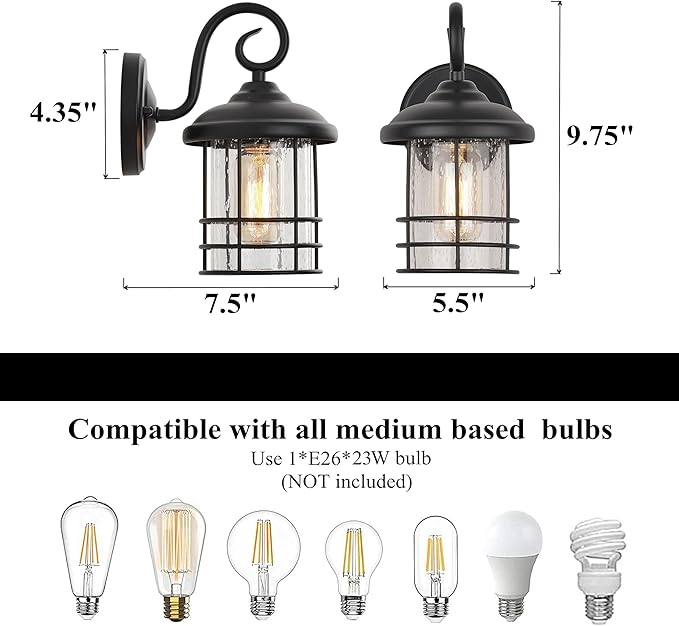 MICSIU Textured Black Exterior Wall Sconce Lantern, 9.8 Inch Outdoor Wall Lighting with E26 Based Socket，Clear Seedy Round Small Outside Lights for House, Entryway, Home, Patio, Garage, Doorway