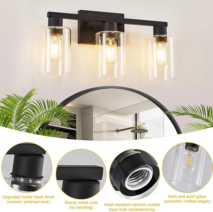3-Light Bathroom Vanity Light, Black Vanity Lights with Clear Glass Shades, Bathroom Wall Sconce Lamp for Mirror Living Room Bedroom Hallway