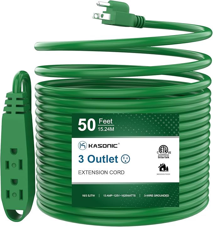 K KASONIC - 50-Feet 3 Outlet Extension Cord, ETL/UL Listed, 16/3 SJTW 3-Wire Grounded, 13 Amp 125 V 1625 Watts, Multi-Outlet Indoor/Outdoor Use, Green