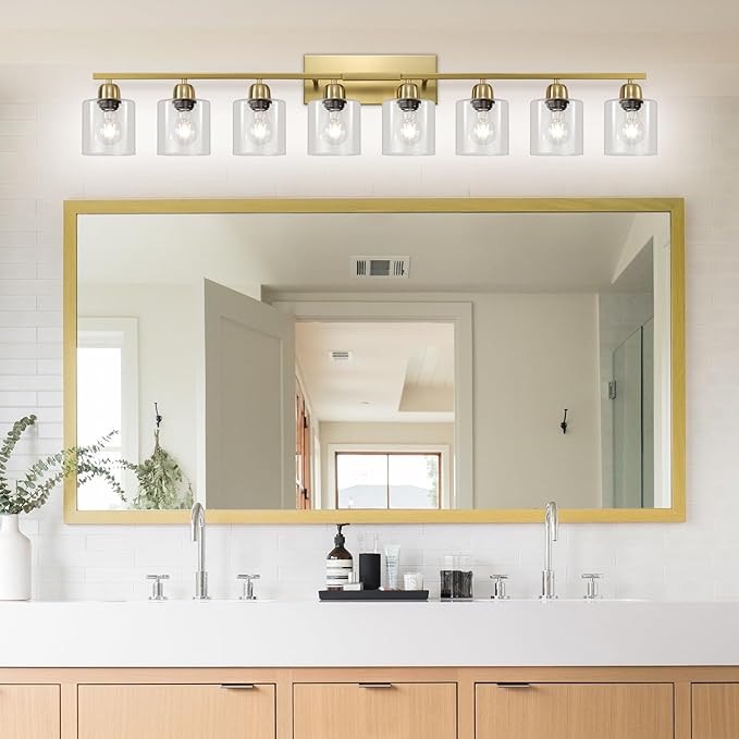 Modern Brushed Gold 8 Light Bathroom Light Fixtures, 52 inch Vanity Lights for Bathroom with Clear Glass for Mirror Kitchen Living Room Hallway Cabinet Porch