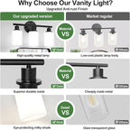 3-Light Bathroom Light Fixtures, Black Modern Vanity Lights with Milky White Frosted Glass Shades, Bathroom Wall Lamp for Mirror Kitchen Living Room Hallway Cabinet Porch