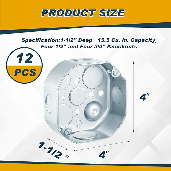 12 Pcs Electrical Box Junction Box Galvanized Steel Metal Electrical Boxes, 1/2'' and 3/4'' Knockouts, Drawn Construction, Silver (4 x 1-1/2 Inch,Classic)