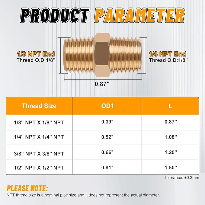 KOOTANS 12pcs Brass Pipe Fittings 1/8 NPT x 1/8 NPT Male to Male Solid Brass Hex Nipple NPT Adapter Pipe Fitting Equal Nipple Connector