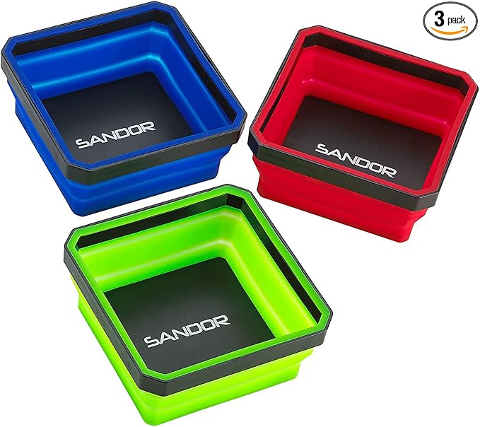Collapsible Magnetic Parts Tray Set - (Pack of 3) Tool Trays for Screw, Bolts, Nuts, Washers, Pins and Other Small Metal Parts - 4.25 Inch Square - Red, Blue, and Green