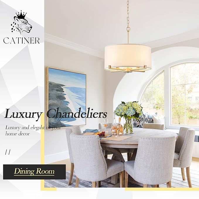 Modern Drum Chandelier 18” White and Gold Pendant Light Fixture Round Fabric Shade 4 Lights Semi Flush Mount Hanging Ceiling Chandelier for Dining Room Bedroom