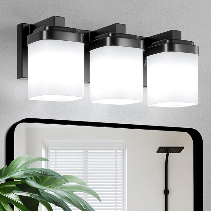 3-Light Black Bathroom Light Fixtures, Vanity Lights for Bathroom Mirror Lamp with Milky White Square Glass Shade, E26 Base Modern Wall Sconce Light Kitchen Light Fixtures Led Vanity