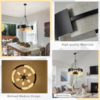 Industrial Drum Chandelier 24" 6-Light Modern Chandelier Black Metal Hanging Light Fixture Weathered Wood Grain for Living Dining Room Foyer Entryway Kitchen