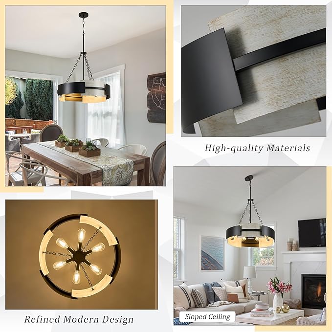 Industrial Drum Chandelier 24" 6-Light Modern Chandelier Black Metal Hanging Light Fixture Weathered Wood Grain for Living Dining Room Foyer Entryway Kitchen