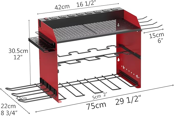 Wall Mount Drill Storage Rack with Charging Station Power Tool Organizer Drill Holder Drill Bit Organizer for Garage Workshop Holds 4 Drills with 8 Outlet Power Strip Christmas Gift(Red)