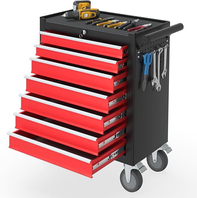 7-Drawers Rolling Tool Chest, Tool Chest with Wheels and Drawers, Rolling Box with Locking System, Tool Box with Wheels for Garage, Warehouse, Workshop (BlackRed)