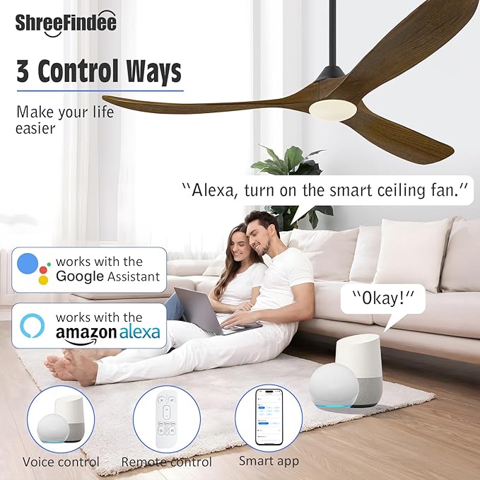60" Outdoor Ceiling Fan with Light, Rustic Wifi Smart Ceiling Fan with Remote/APP/Alexa Control, 3 Wood Blade Propeller DC Ceiling Fans for Indoor Exterior Patios Porch Garage, Quiet Energy Efficient