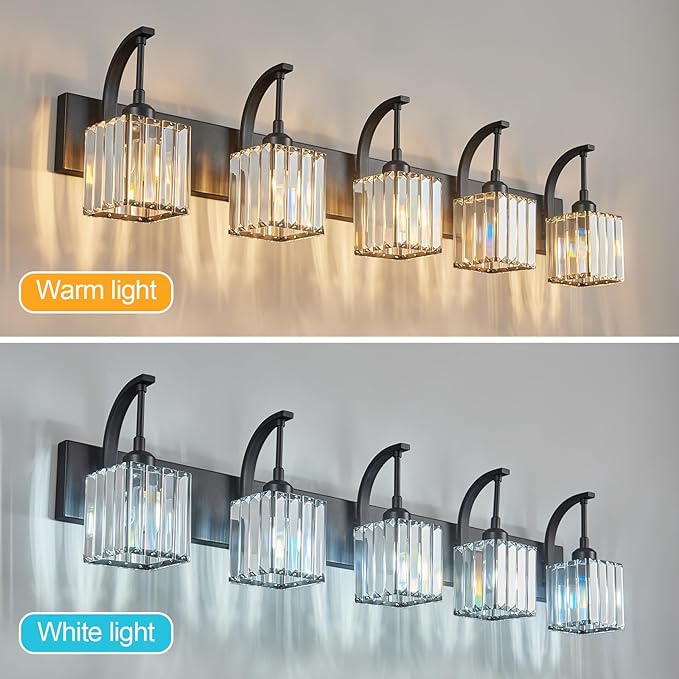 5-Light Crystal Vanity Light, Modern Black Bathroom Wall Sconce with K9 Crystal Shades, 42.51" Long Over Mirror Lighting for Vanity, Makeup, Hallway, Elegant & Easy Installation