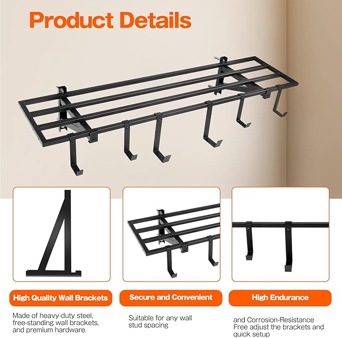 Garage Wall Shelving, 1X4 ft Garage Storage Rack,Heavy Duty Wall Mounted Storage Shelf With 12 Hooks-Each Loads 200lbs Metal Wall Shelf,Black,2Pack