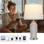 25" Vintage Farmhouse Jar Table Lamps, Single Rustic Bedside Lamp with USB A+C Ports & AC Outlet, Nightstand Lamps for Living Room, Bedroom, End Table, Grey White(LED Bulb Included)