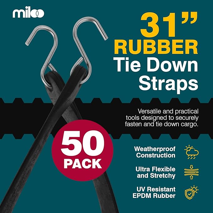 Miloo Rubber Bungee Cords with Hooks - Heavy Duty Tarp and Cargo Straps - Made in USA - 31 Inch - Pack of 50