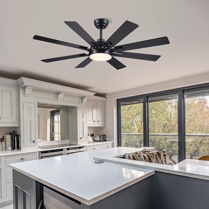 52 Inch Ceiling Fans with Lights and Remote/APP Control, Modern Ceiling Fan for Bedroom Living Room Patio Porch Indoor Outdoor, 6 Speeds, Reversible Quiet Motor, 8 Wood Blades, Black