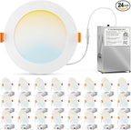 VOLIVO 6 Inch LED Recessed Ceiling Lighting 24 Pack, 5CCT Ultra-Thin Canless Downlight with Junction Box, Dimmable Wafer Lights 12W=110W, 1050LM High Brightness, Adjustable 2700K-5000K, ETL&FCC&IC