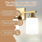 Ascher Bathroom Light Fixtures, 3-Light Vanity Light Over Mirror, Gold Wall Sconces with Milky White Frosted Glass Shades, Wall Lamp for Living Room Bedroom, E26 Base(Bulbs Not Included)