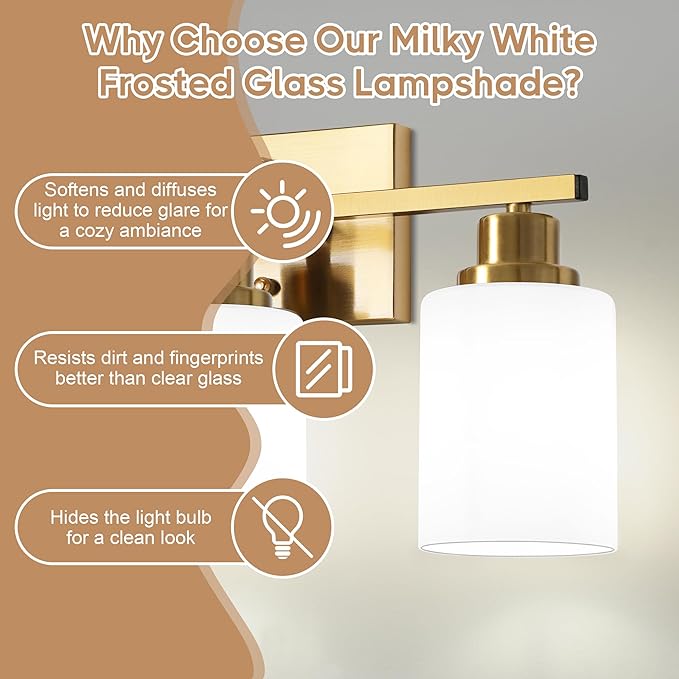 Ascher Bathroom Light Fixtures, 3-Light Vanity Light Over Mirror, Gold Wall Sconces with Milky White Frosted Glass Shades, Wall Lamp for Living Room Bedroom, E26 Base(Bulbs Not Included)