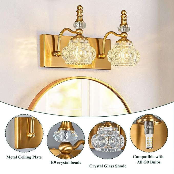 Modern Glass Crystal Vanity Light - Vintage Bathroom Lighting Fixtures Over Mirror, 2 Light Vanity Lights G9 Bulb (11.81 Inch, Gold)