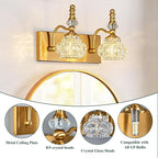 Modern Glass Crystal Vanity Light - Vintage Bathroom Lighting Fixtures Over Mirror, 2 Light Vanity Lights G9 Bulb (11.81 Inch, Gold)